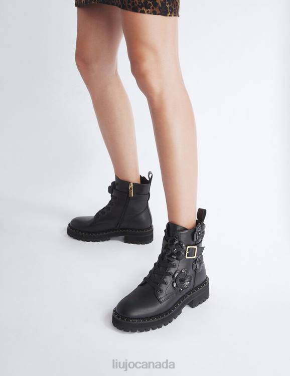 Shoes Liu Jo Black Leather Combat Boots With Flower Patch Women F6061738
