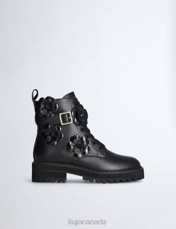 Shoes Liu Jo Black Leather Combat Boots With Flower Patch Women F6061738
