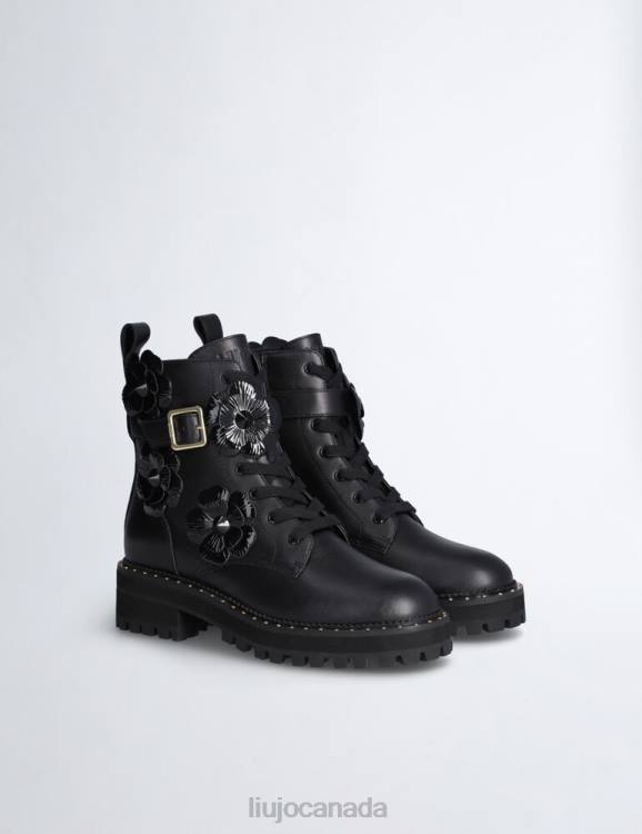 Shoes Liu Jo Black Leather Combat Boots With Flower Patch Women F6061738