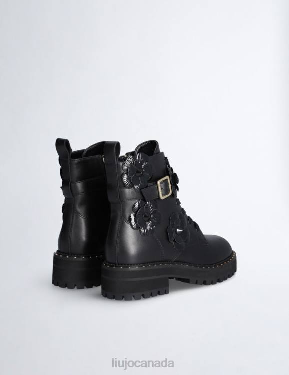 Shoes Liu Jo Black Leather Combat Boots With Flower Patch Women F6061738