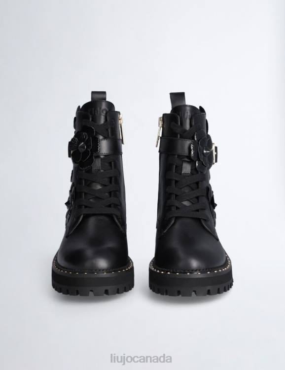 Shoes Liu Jo Black Leather Combat Boots With Flower Patch Women F6061738