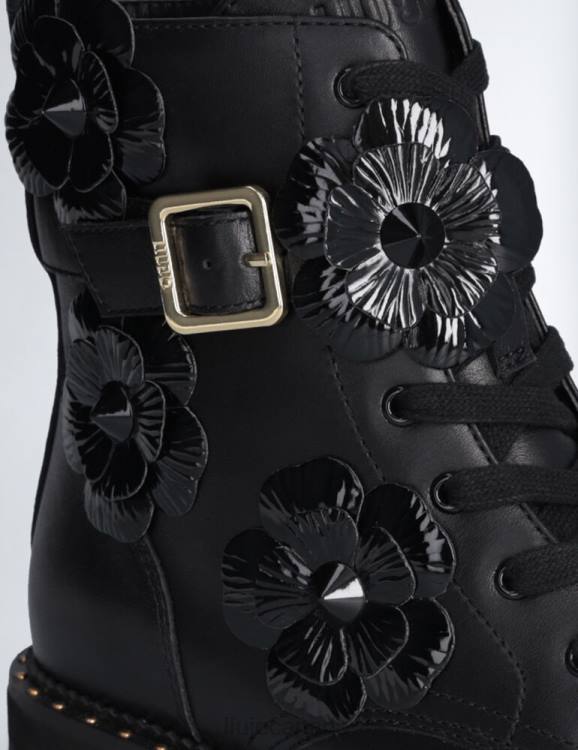 Shoes Liu Jo Black Leather Combat Boots With Flower Patch Women F6061738